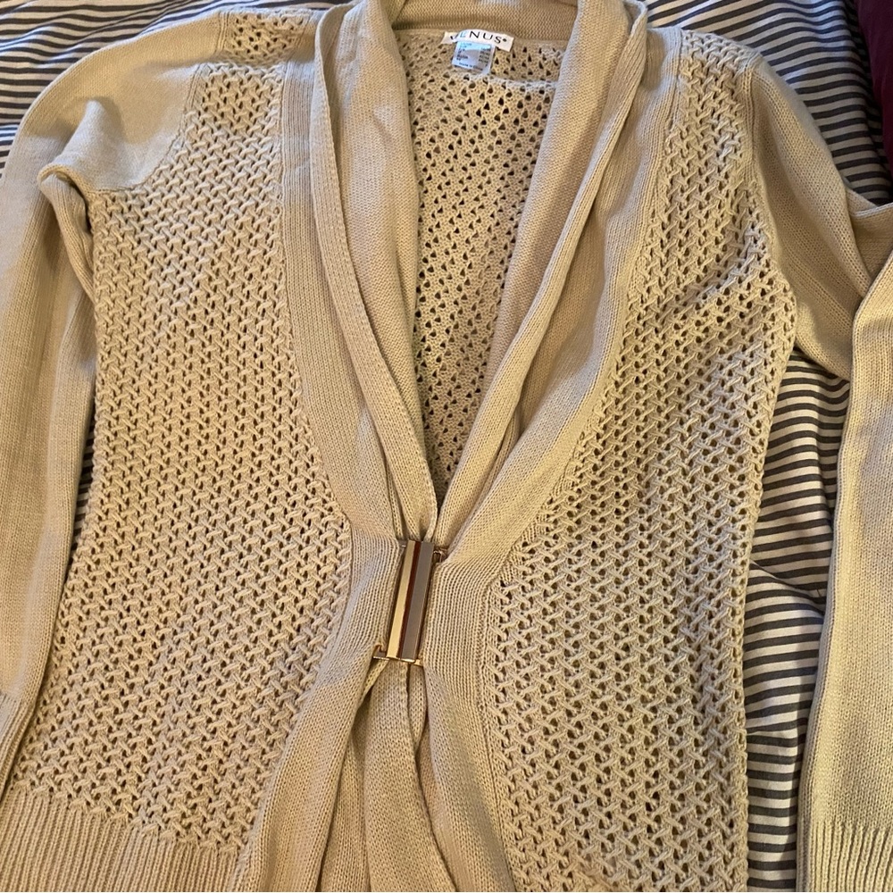 Oatmeal color buckle front Venus cardigan with open weave details